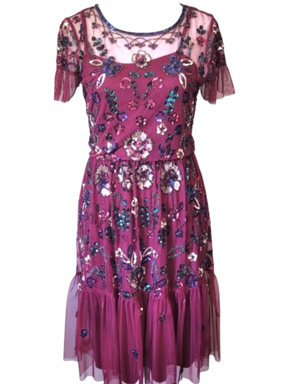 Gianni Bini Wendy Sequin Embroidered Mesh Dress Burgundy Party Size 0